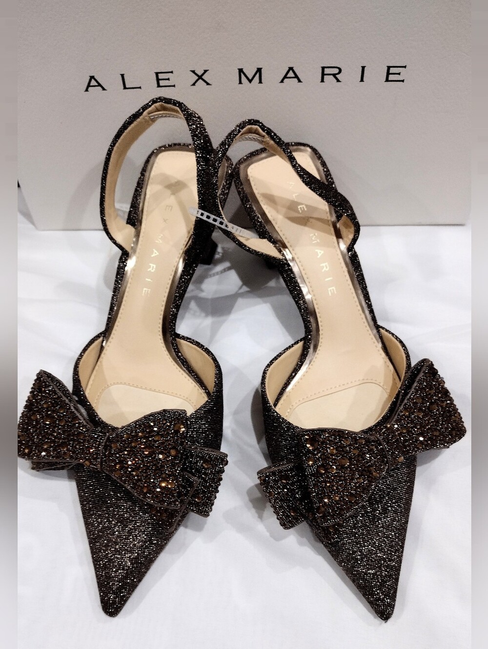 New! Alex Marie Bronze Glitter Bow Pointed Toe Ankle-Strap Heels